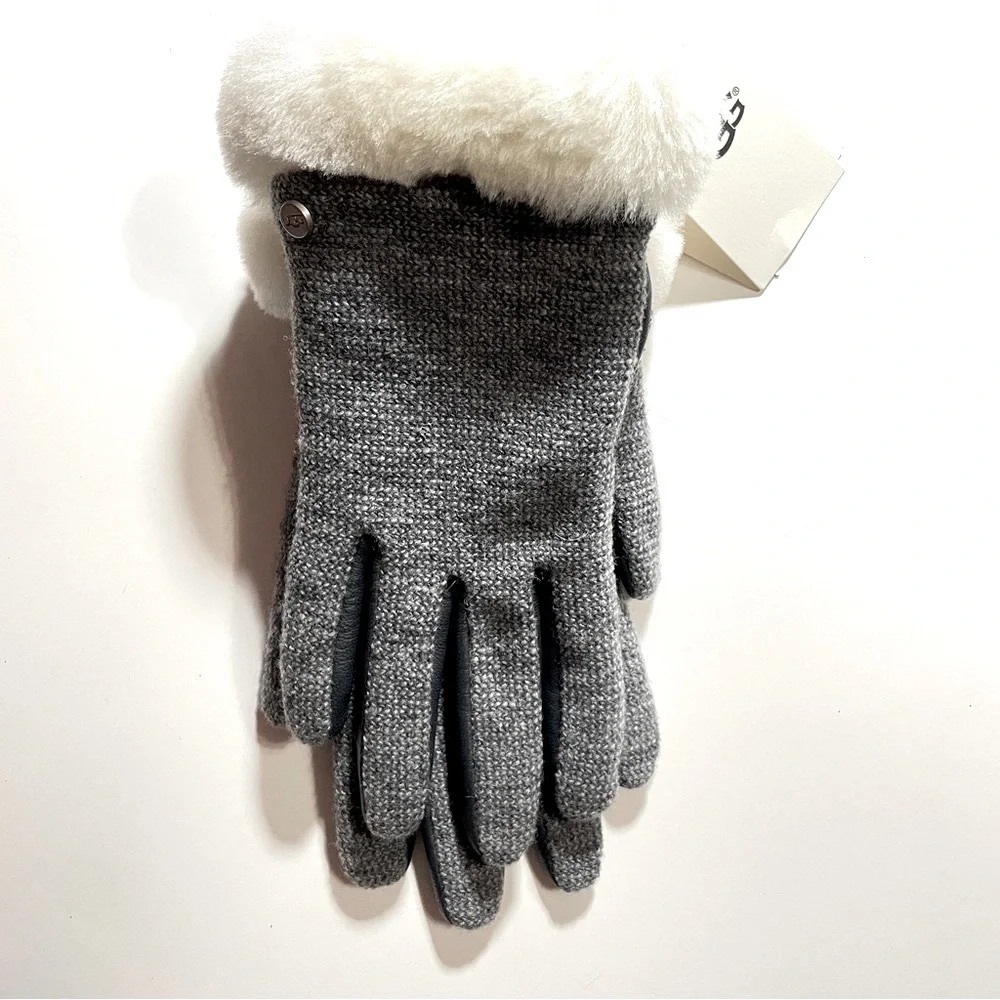 UGG Shearling Leather And Fabric Touchscreen Gloves Women’s Small Gray White